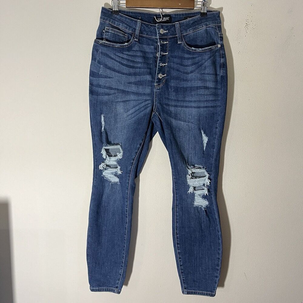 Judy Blue Jeans Womens Size 14W Blue Skinny Fit Stretch Hi Rise Distressed New